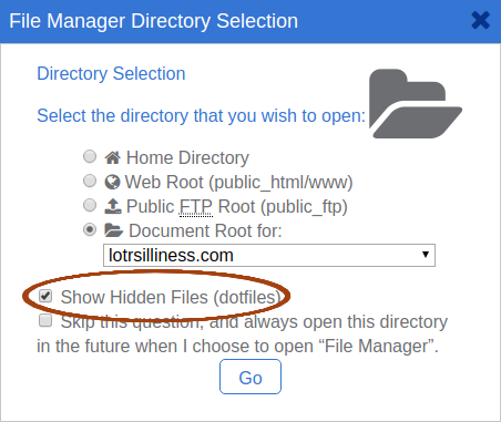 File Manager Directory Selection with checkbox for "show hidden files" circled