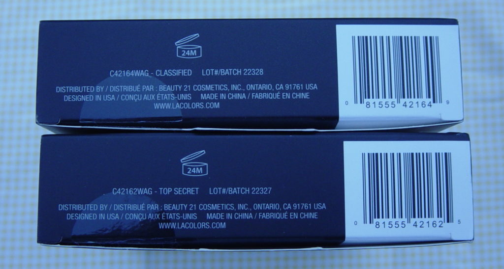 bottoms of LA Colors lipstick gift boxes showing names Classified and Top Secret