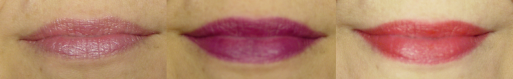 composite image of lips wearing three different lipstick colors