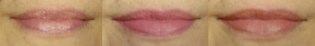 composite image of lips wearing three different lipstick colors